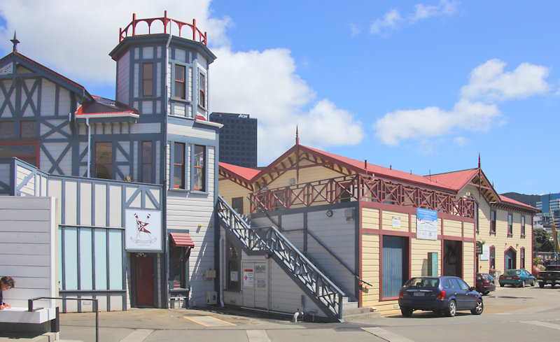 Wooden buildings, Wellington harbour, New Zealand