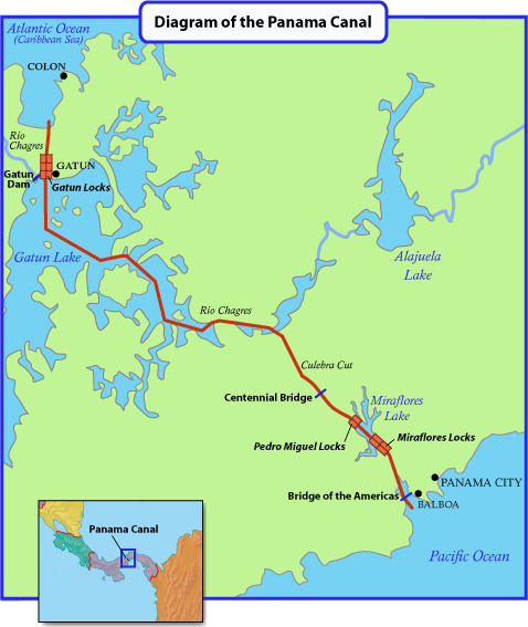 Panama map - showing canal