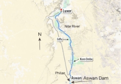Location of Luxor, Edfu, Kom Ombo, Philae and Aswan; total distance 240 km